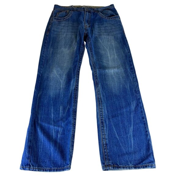 Basic Code Straight Fit Denim Jeans Men 36 Blue Faded Pockets Streetwear Casual - Picture 1 of 12